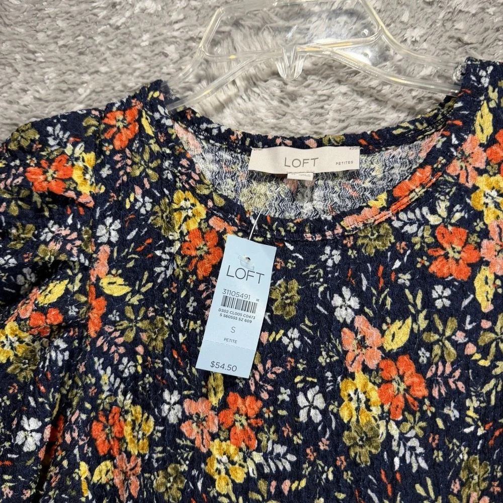 Loft Puff Long Sleeve Navy Floral Petite S Fall Peasant Coquette Preppy NWT